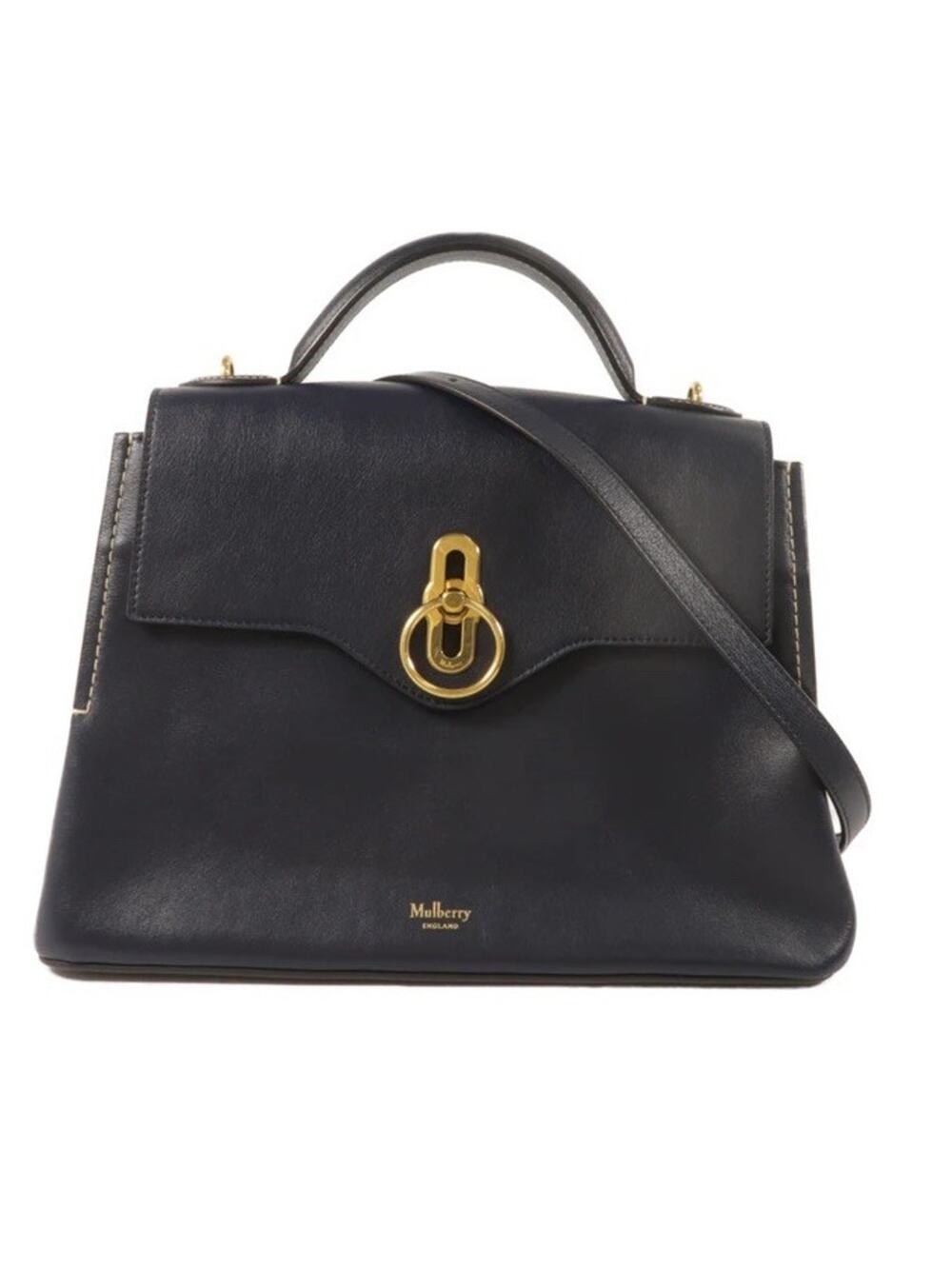 Mulberry Navy Satchel Top Handle Turn Lock Gold Hardware Detachable Strap